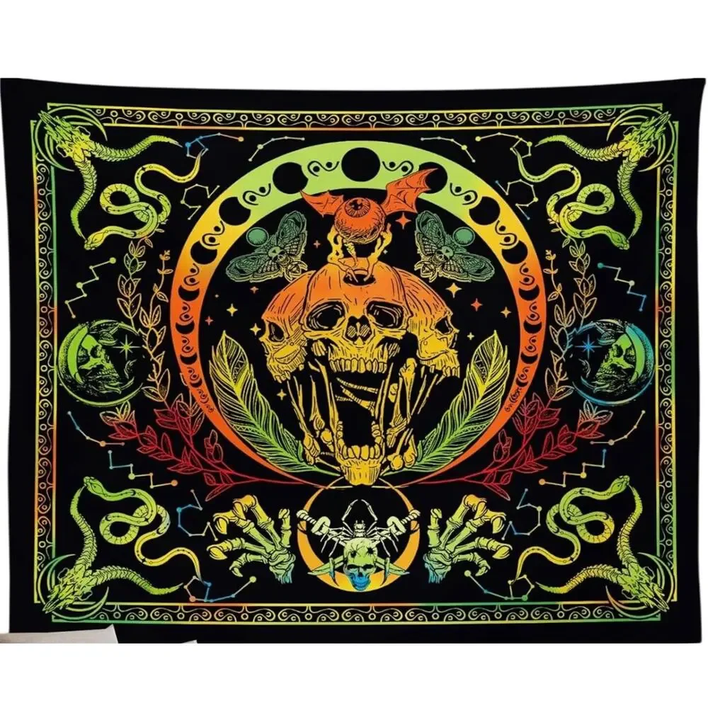 Krelymics Black Light Skull Snake Tapestry UV Reactive Glow Wall Hanging 51